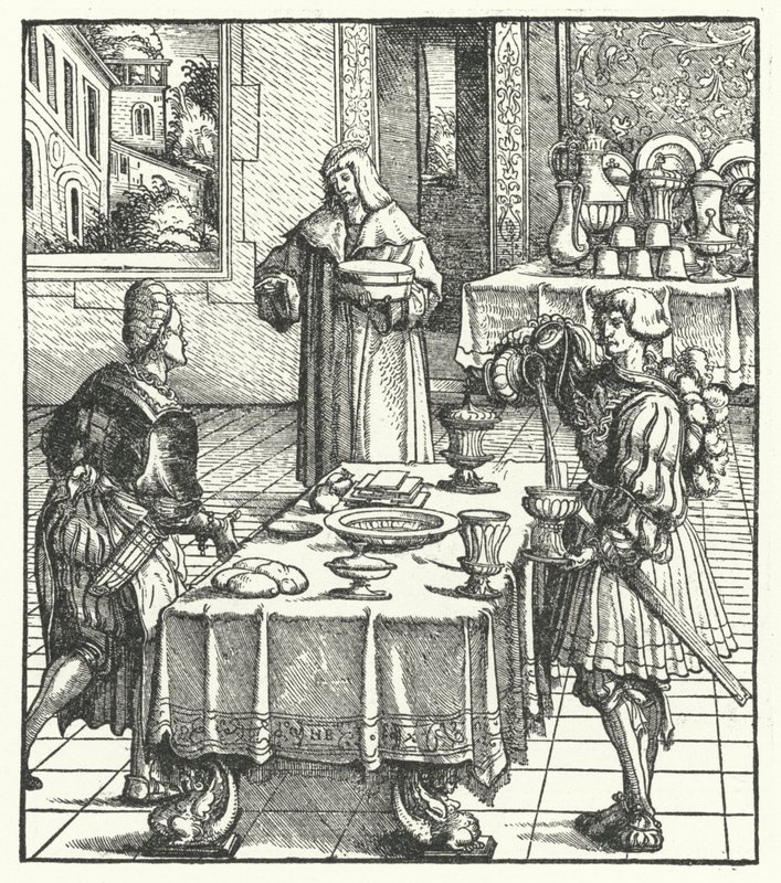 Ärkehertig Maximilian av Österrike lär sig de kulinariska konsterna (gravyr) av Hans (after) Burgkmair