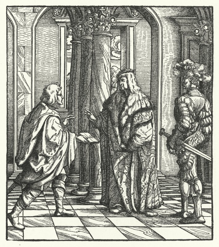 Ärkehertig Maximilian av Österrike tar emot Maria av Bourgognes samtycke till hans äktenskapsförslag (gravyr) av Hans (after) Burgkmair