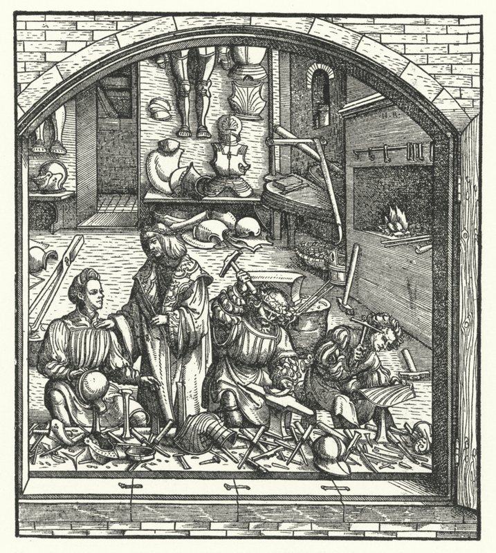 Ärkehertig Maximilian av Österrike på besök hos en rustningsman (gravyr) av Hans (after) Burgkmair
