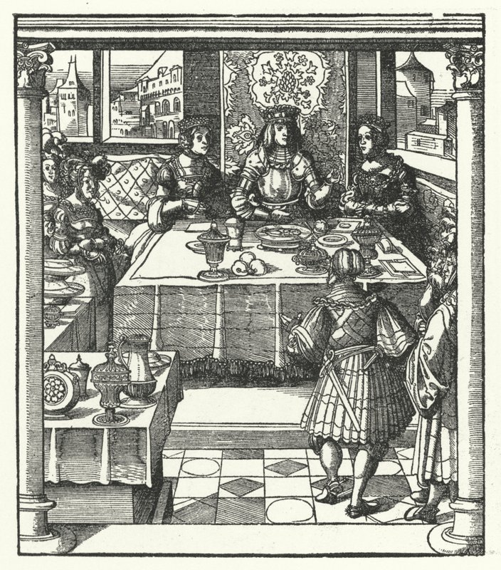 Ärkehertig Maximilian av Österrike besöker sin blivande hustru, Maria av Bourgogne, och hennes mor, Isabella av Bourbon (gravyr) av Hans (after) Burgkmair