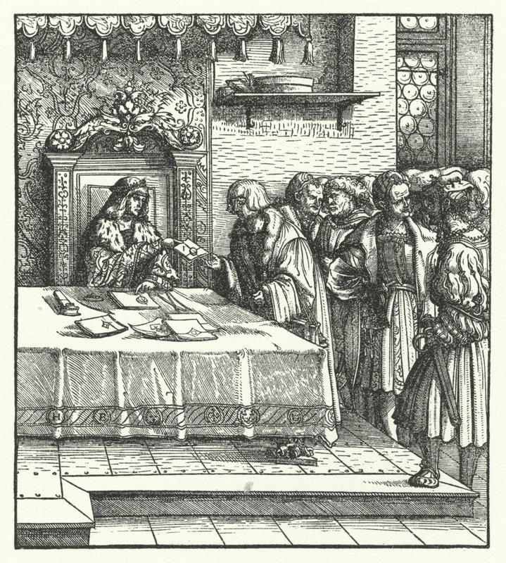 Ärkehertig Maximilian av Österrike skriver bokstäver (gravyr) av Hans (after) Burgkmair