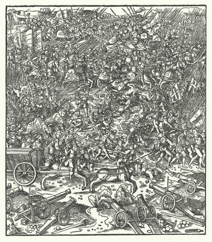 Slaget vid Guinegate, Frankrike, 7 augusti 1479 (gravyr) av Hans (after) Burgkmair