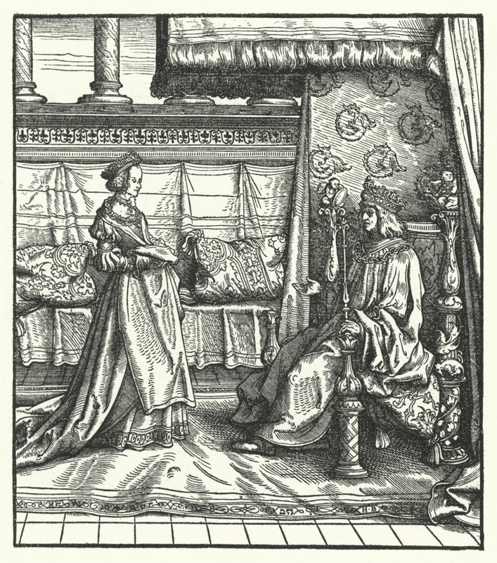 Karl den Djärve, hertig av Bourgogne, med sin dotter Maria, som senare gifte sig med den blivande helige romerske kejsaren Maximilian I 1477 (gravyr) av Hans (after) Burgkmair