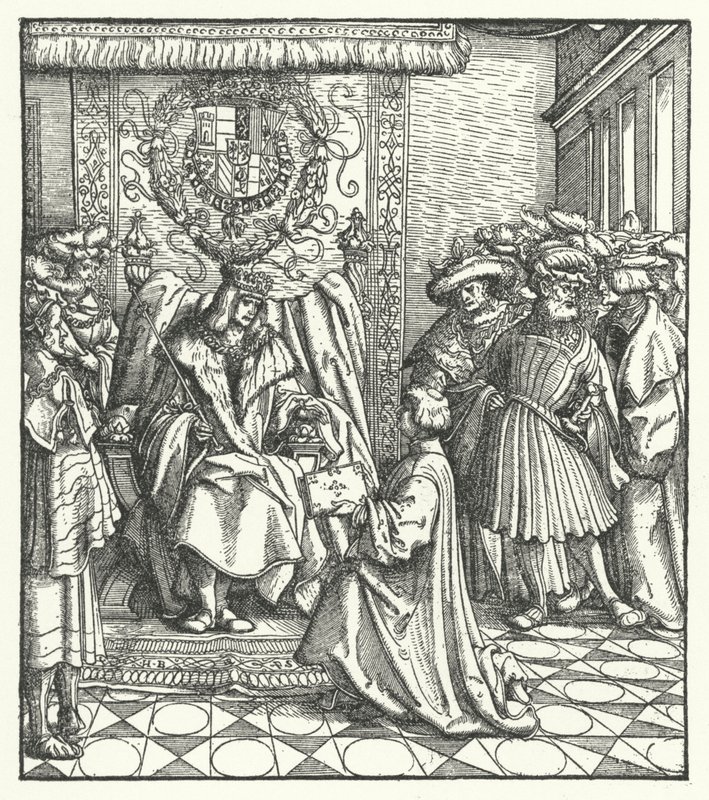 Dedikation av en bok till den helige romerske kejsaren Maximilian I (gravyr) av Hans (after) Burgkmair