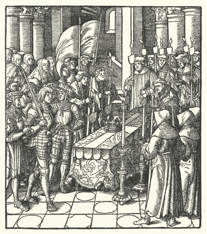 Kung Ludvig XII av Frankrike bredvid kistan till sin föregångare, kung Karl VIII av Hans (after) Burgkmair