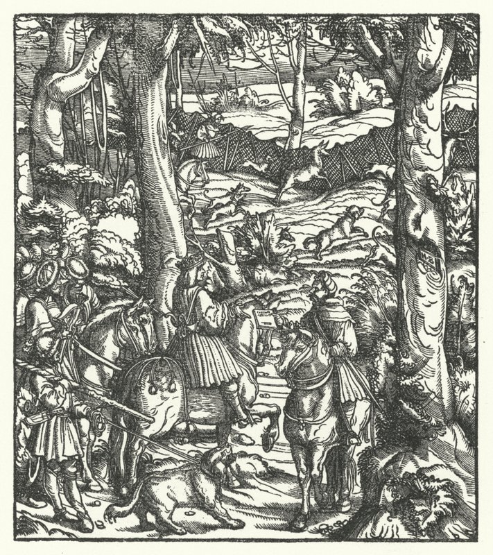 Maximilian I, romarnas kung, tar emot ett meddelande under jakt (gravyr) av Hans (after) Burgkmair