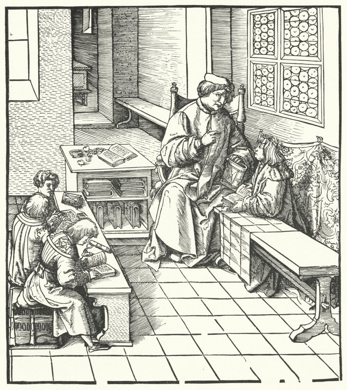 Maximilian tar emot instruktion (gravyr) av Hans (after) Burgkmair