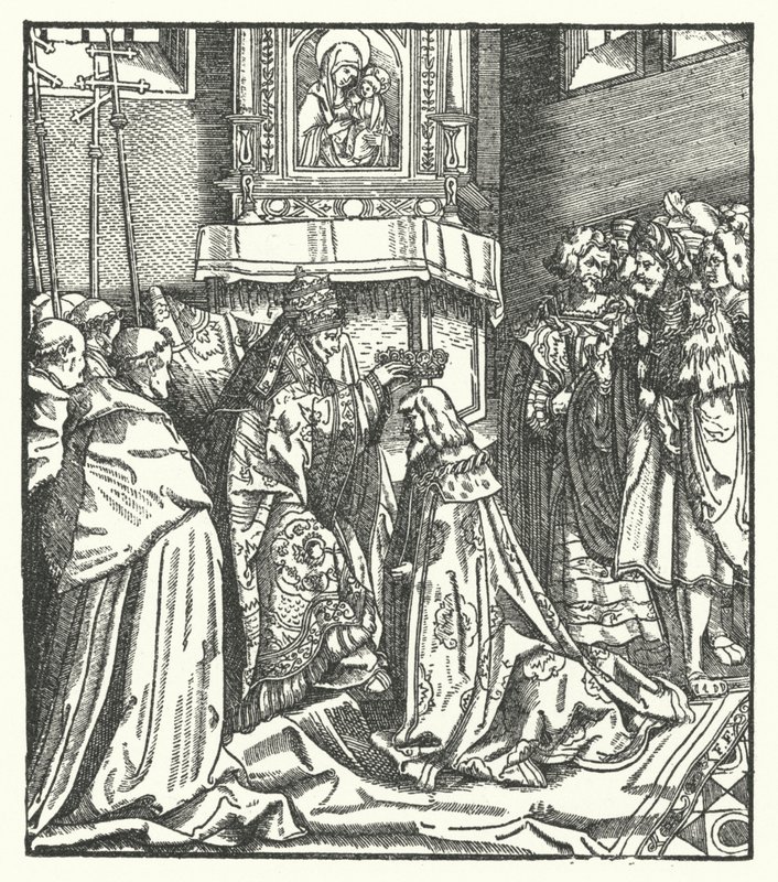 Påven Nicholas V kröner Fredrik III av den helige romerska kejsaren i Rom av Hans (after) Burgkmair