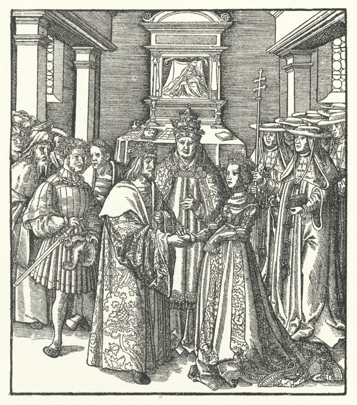 Påven Nicholas V presiderar över äktenskapet mellan den helige romerske kejsaren Fredrik III och Eleanor av Portugal i Rom av Hans (after) Burgkmair