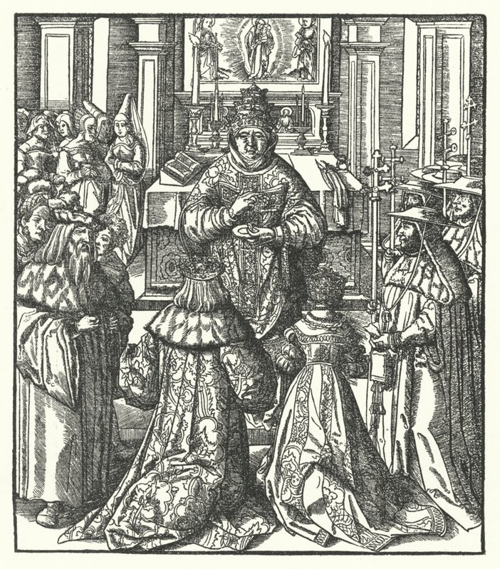 Den helige romerske kejsaren Fredrik III och kejsarinnan Eleanor tar emot nattvarden från påven (gravyr) av Hans (after) Burgkmair