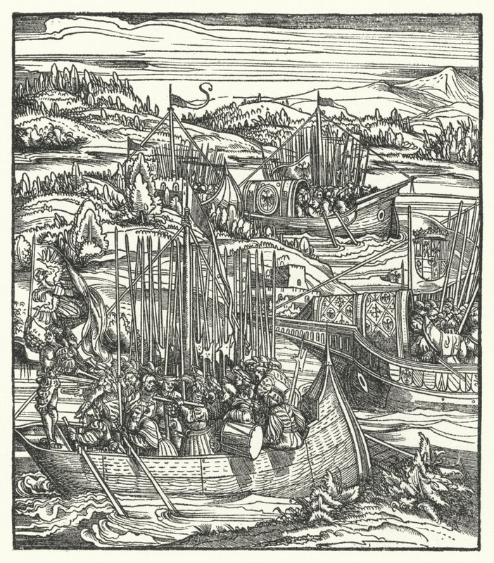 Den helige romerske kejsaren Maximilian I med sin flotta i La Spezia, Italien av Hans (after) Burgkmair