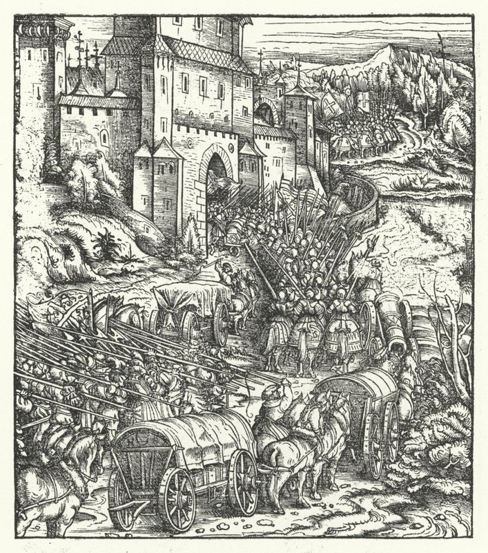 Intagandet av staden Tongeren av Hans (after) Burgkmair
