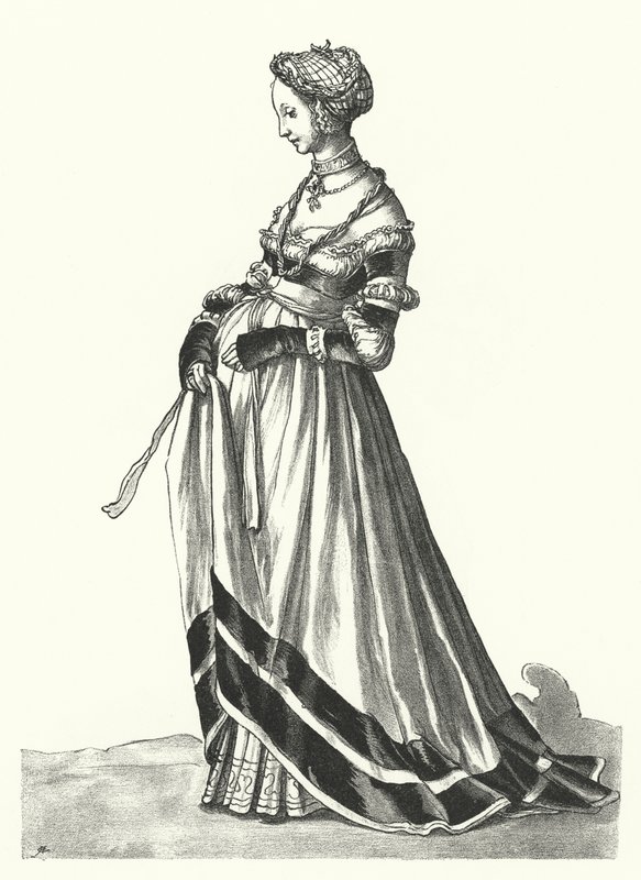Dräkt av en kvinna från Basel (gravyr) av Hans (after) Holbein the Younger