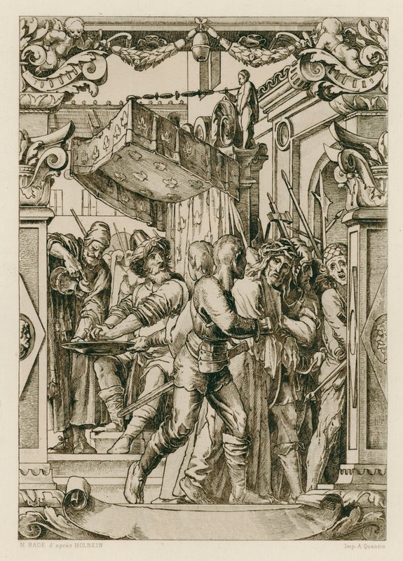 Jesus Kristus, Pilatus som tvättar sina händer (gravyr) av Hans (after) Holbein the Younger