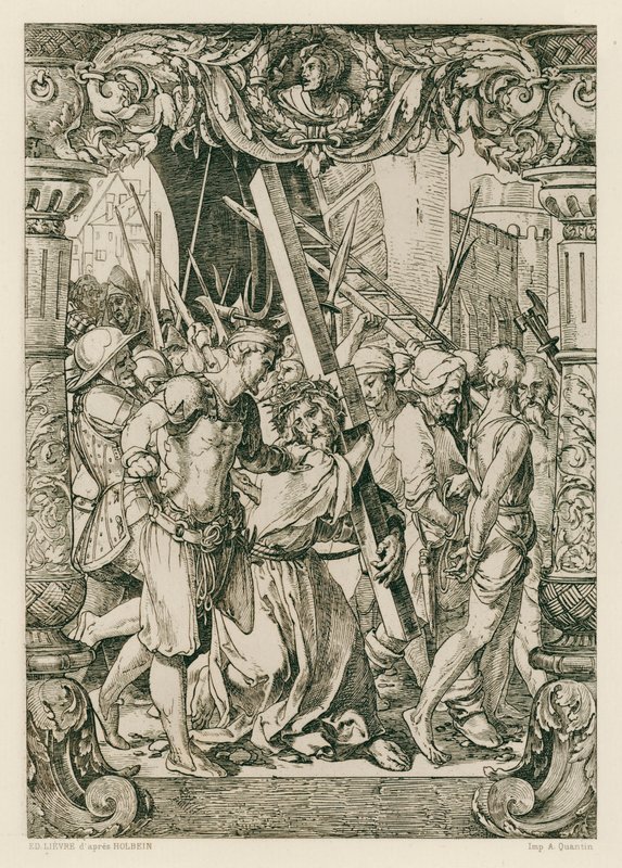 Jesus Kristus, klättra till Golgata (gravyr) av Hans (after) Holbein the Younger