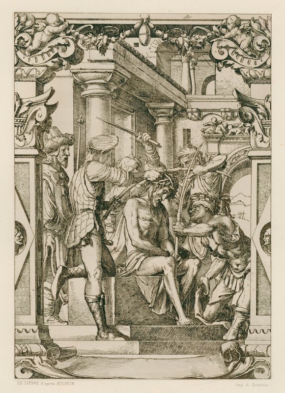 Jesus Kristus, krönt med törnen (gravyr) av Hans (after) Holbein the Younger