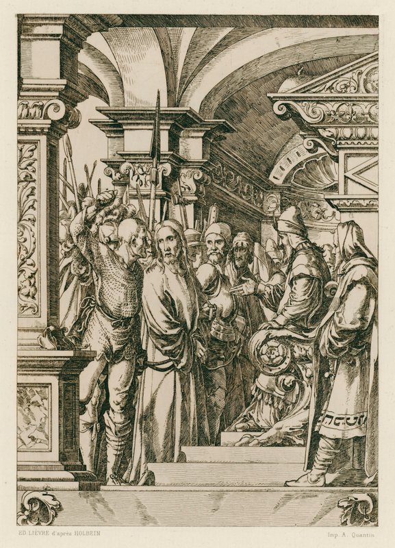 Jesus Kristus framför Kaifas (gravyr) av Hans (after) Holbein the Younger