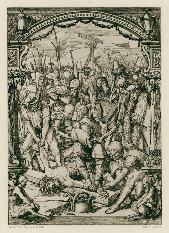 Jesus Kristus, spikad på korset (gravyr) av Hans (after) Holbein the Younger
