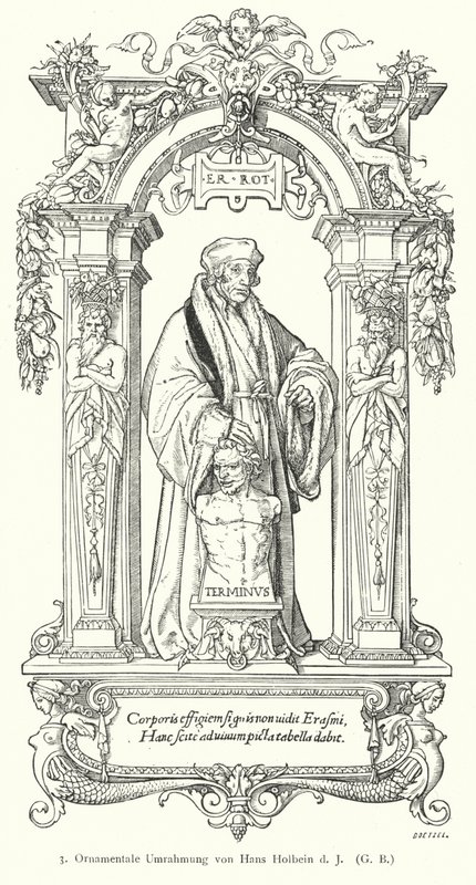 Porträtt av holländsk renässanshumanistforskare Desiderius Erasmus med prydnadsram (gravyr) av Hans (after) Holbein the Younger