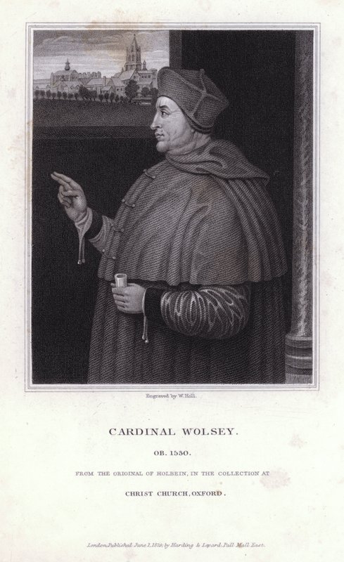 Thomas Wolsey, engelsk politiker, ärkebiskop och katolska kyrkans kardinal (gravyr) av Hans (after) Holbein the Younger