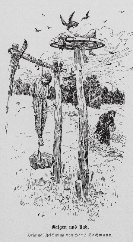 Avrättning: galge och hjul (gravyr) av Hans Bachmann