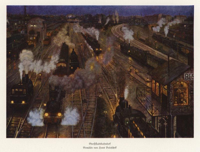 Järnvägsstation i en stor stad (färglitografi) av Hans Baluschek