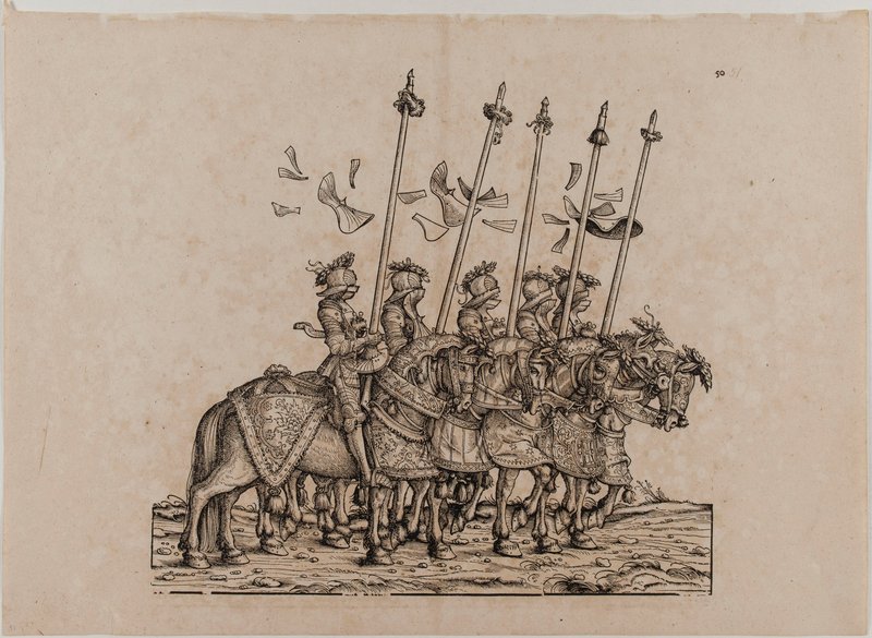 Kejsar Maximilian I:s triumf: Femtioförsta styrelsen, deltagare i Rennen (tornerspel eller lätt tävling) av Hans Burgkmair