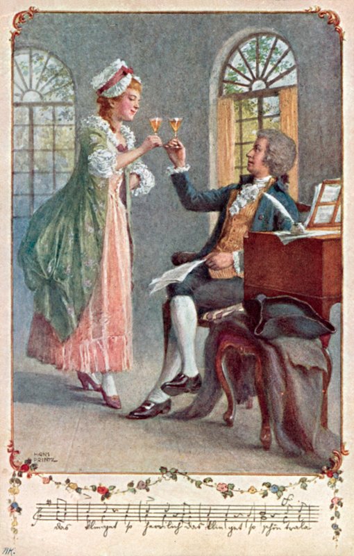 Mozart arbetar på sin opera "Trollflöjten" på teatern i Wieden-distriktet i Wien (färg litho) av Hans Printz