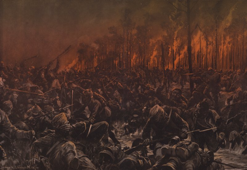 En nattattack på de brittiska positionerna på Yser (färg litho) av Hans W. (after) Schmidt