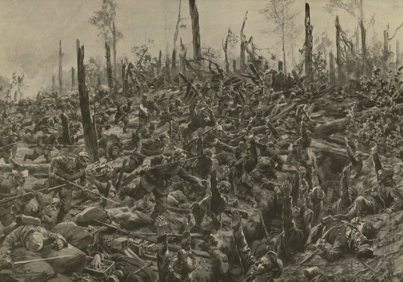 Tyskt angrepp på franska blockhus och skyttegravar i Bois-le-Pretre efter artilleribombardementet den 5 juli 1915 (litho) av Hans W. (after) Schmidt