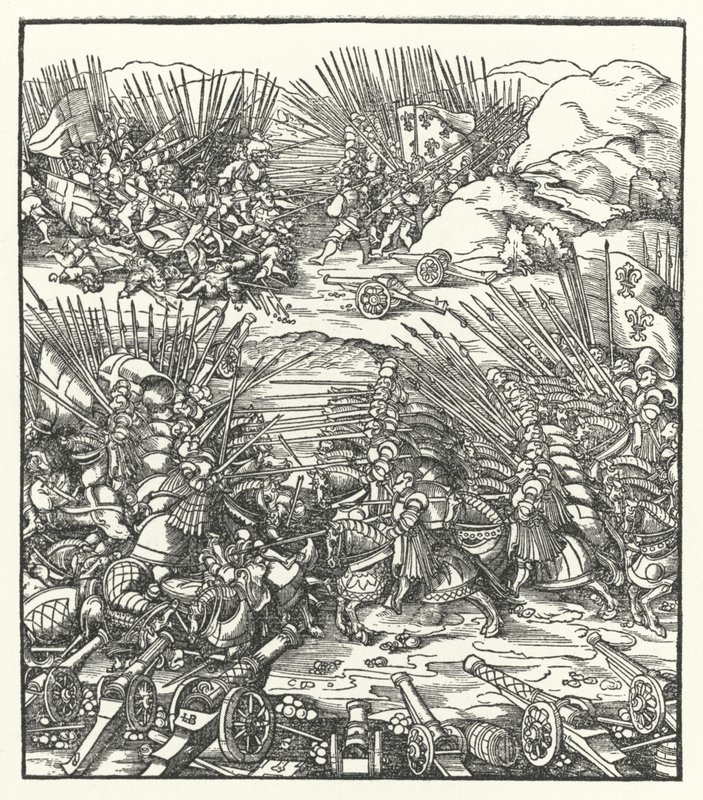 Strid mellan de franska och venetianska arméerna under kriget i Cambrai-förbundet, 1509 av Hans after Burgkmair