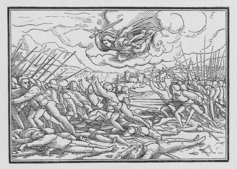 En ängel förstör den assyriska härden, 2 Krönikeboken XXXII, 21 av Hans after Holbein the Younger
