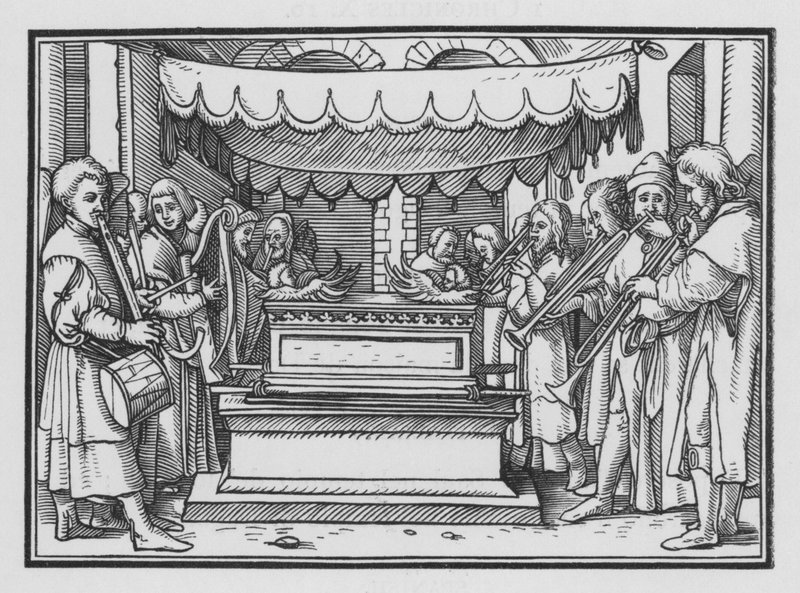 David utser ett band av sångare och musik för att prisa Herren, 1 Krönikebok XVI, 4 av Hans after Holbein the Younger