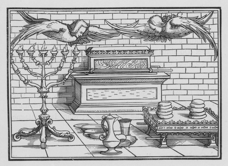 Arken, nådastolen, keruberna, bordet och ljusstaken, 2 Mosebok XXV, 21, 22 av Hans after Holbein the Younger