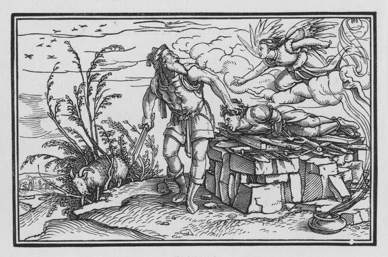 Rättegången mot Abrahams tro, Genesis XXII, 10 av Hans after Holbein the Younger