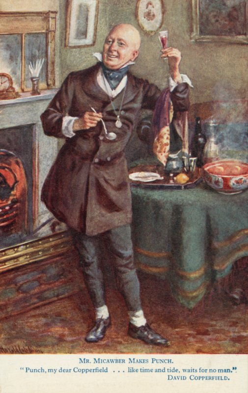 Mr Micawber gör punch, scen från Charles Dickens roman David Copperfield av Harold Copping