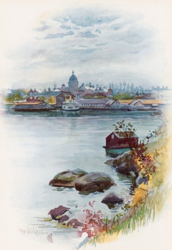 En vy av parlamentshuset, Victoria, British Columbia av Harold Copping
