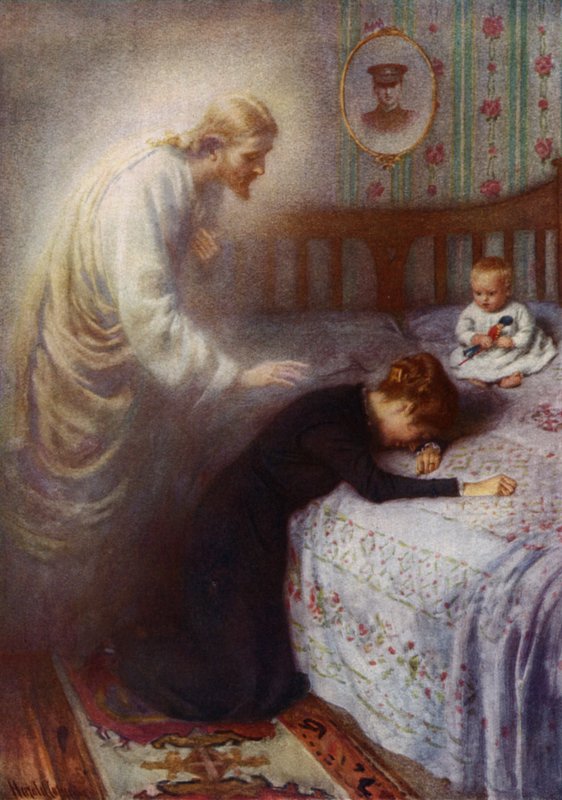 Kristus Tröstaren: Jesus tröstar en sörjande brittisk krigsänka (färg litho) av Harold Copping