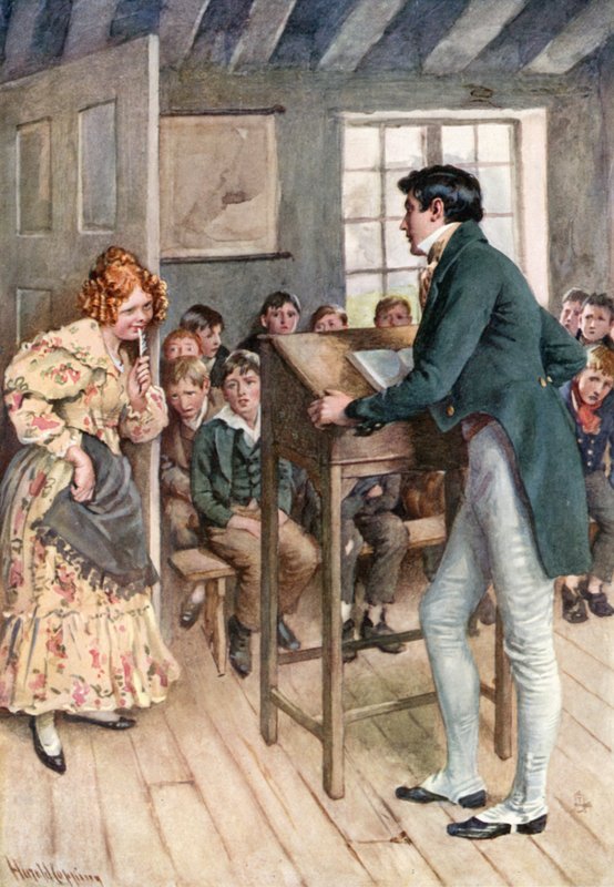 Fanny Squeers och Nicholas Nickleby (färglitografi) av Harold Copping