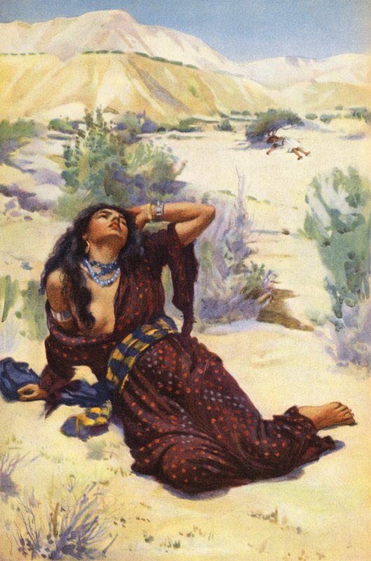 Hagar och Ismael i öknen (färglitografi) av Harold Copping