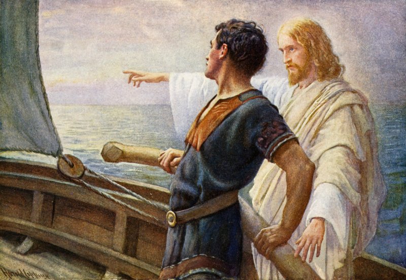 Livets soluppgång, Kristus vid rodret (färg litho) av Harold Copping