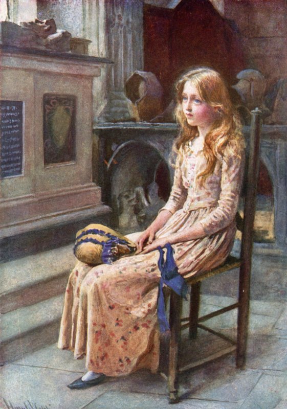 Lilla Nell i den gamla kyrkan (färg litho) av Harold Copping