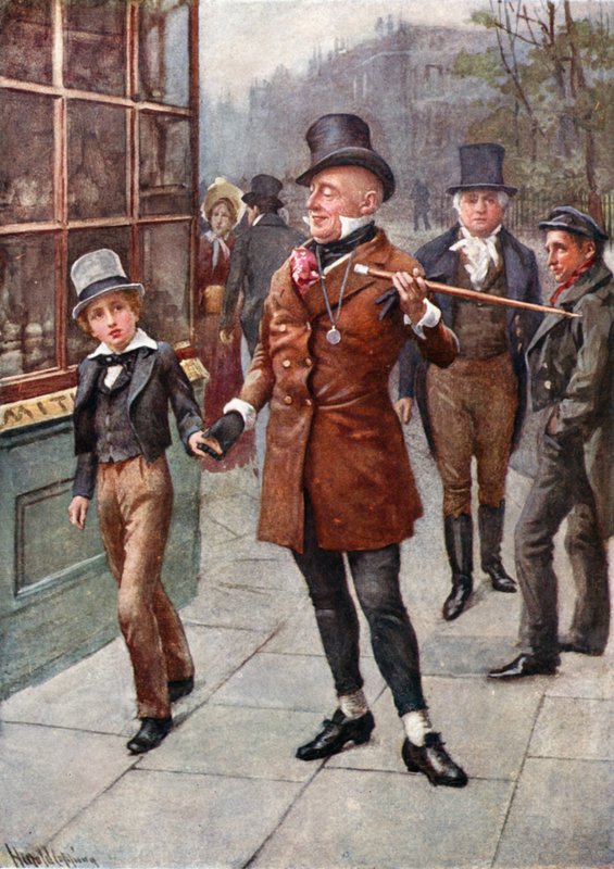 Mr Micawber följer David hem (färglitografi) av Harold Copping