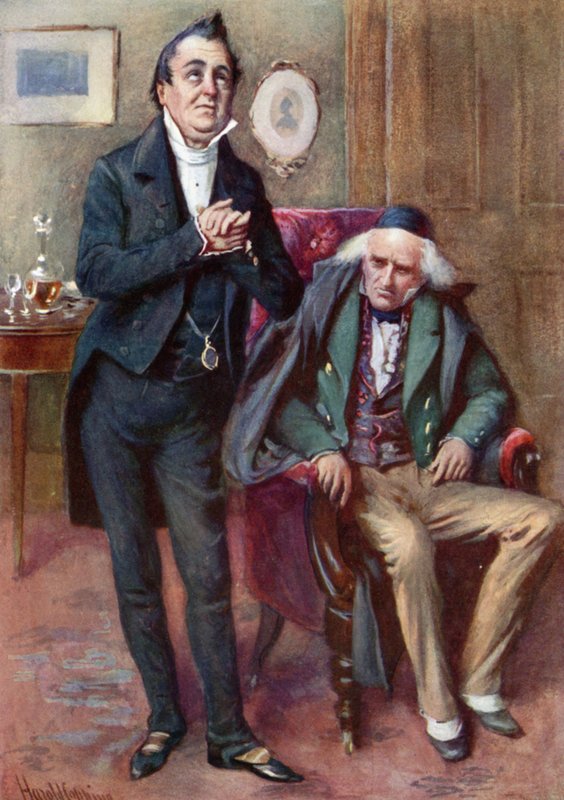 Mr. Pecksniff och Old Martin Chuzzlewit (färg litho) av Harold Copping