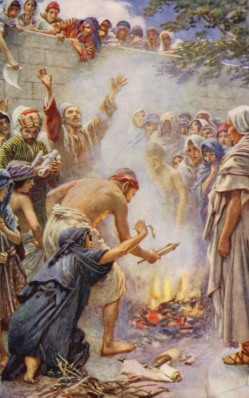Nya testamentet: Att bränna böckerna (färglitografi) av Harold Copping