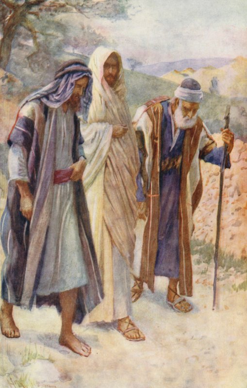 Nya testamentet: Vandringen till Emmaus (färglitografi) av Harold Copping