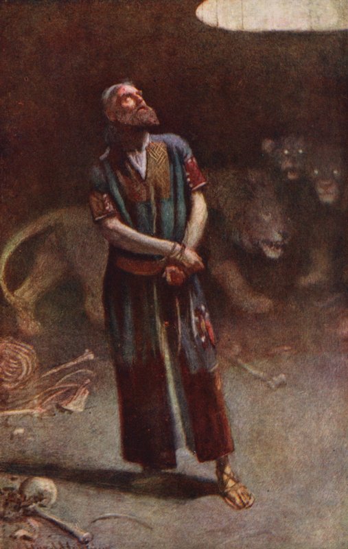 Gamla testamentet: Daniel i lejongropen (färglitografi) av Harold Copping