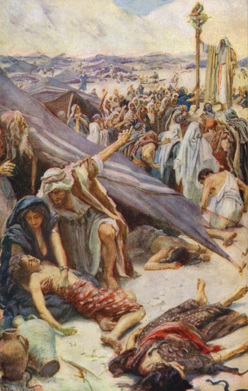 Gamla testamentet: Life for a Look, Ormen av Brazen (färglitografi) av Harold Copping