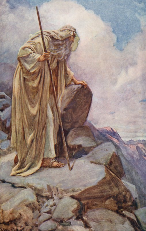Gamla testamentet: Moses på berget Pisgah (färglitografi) av Harold Copping