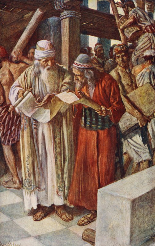 Gamla testamentet: Upptäckten av boken (färglitografi) av Harold Copping